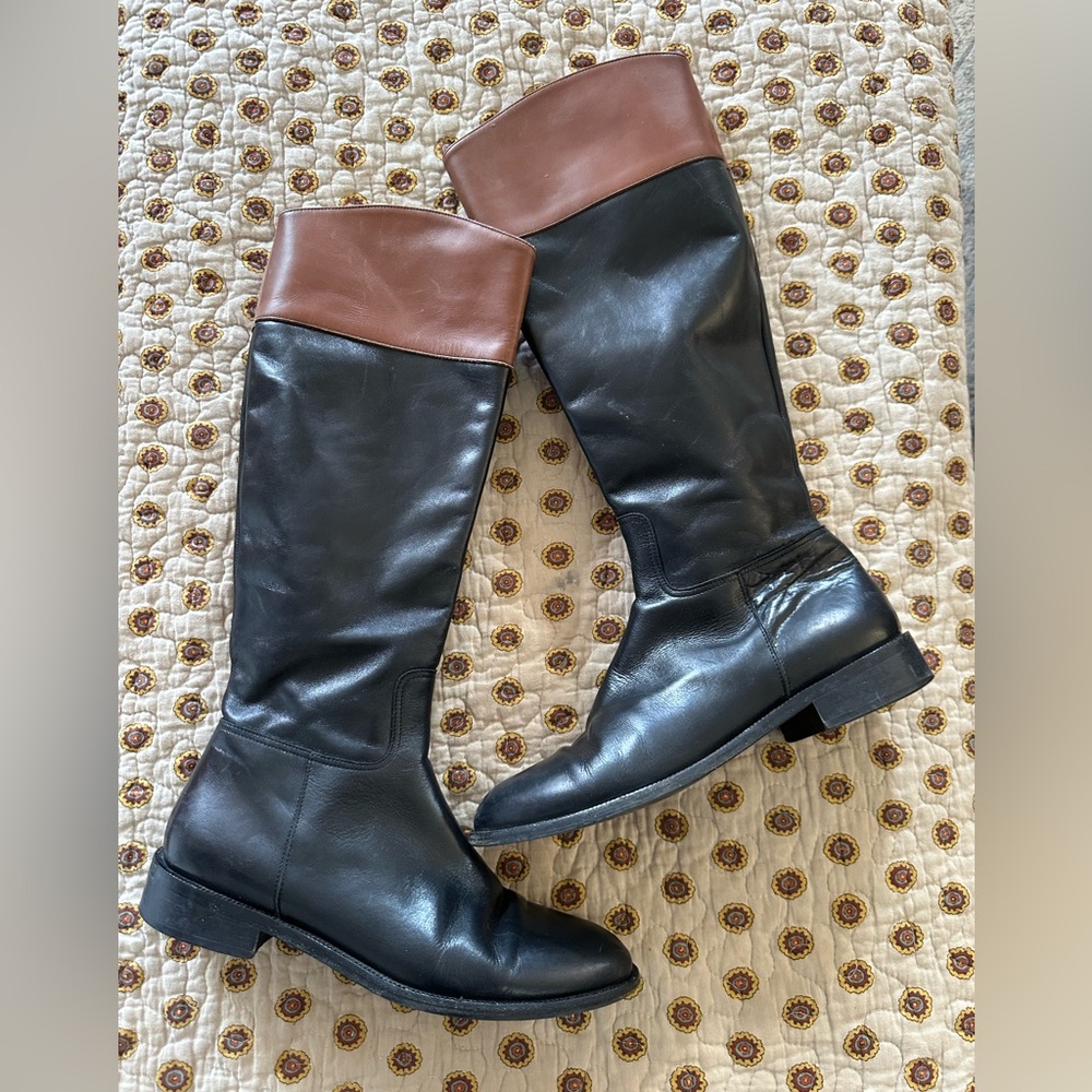 Saks Fifth Avenue Black and Brown Leather Riding Boots Made in Italy Size 7.5